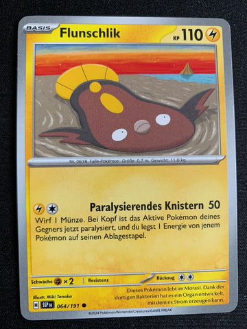 Flunschlik 64/191 – Stürmische Funken (Karmesin & Purpur) – Pokémon Karte Matt