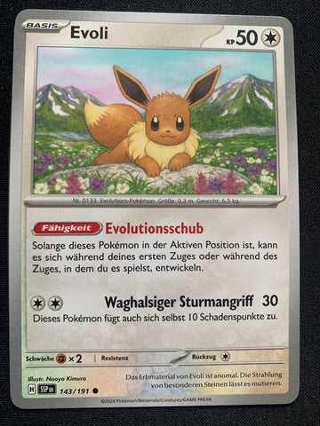 Evoli 143/191 – Stürmische Funken (Karmesin & Purpur) – Pokémon Karte Matt