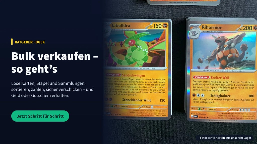 Pokémon Bulk-Karten nach Typ sortiert in Stapeln vor dem Ankauf