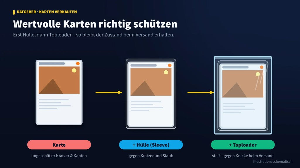 Wertvolle Karten schützen: erst Hülle (Sleeve), dann Toploader vor dem Versand