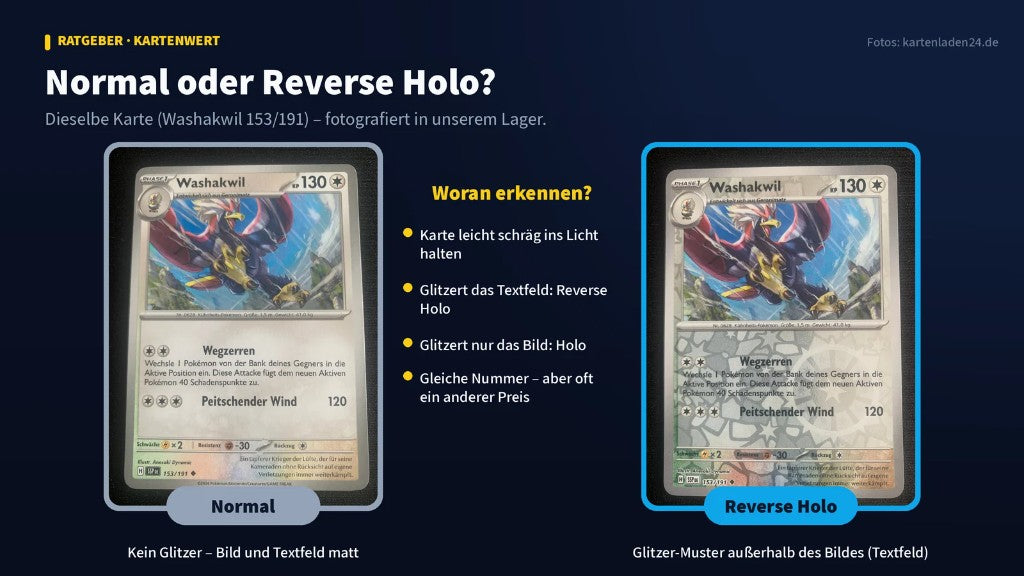 Vergleich einer normalen Pokémon-Karte und einer Reverse Holo am Beispiel von Washakwil 153/191