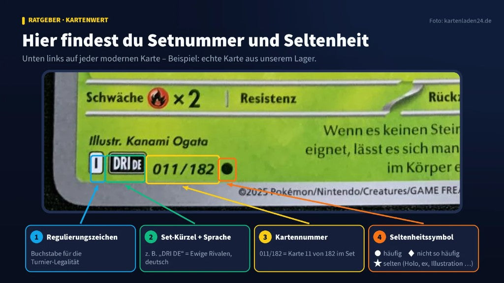 Nahaufnahme Setnummer und Seltenheitssymbol auf einer Pokémon-Karte